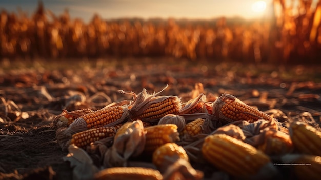 Corn field with a sunset in the background