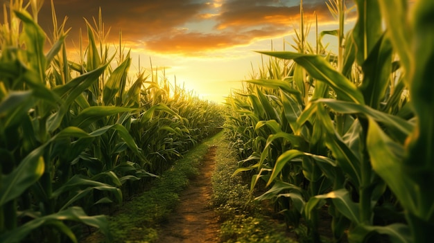 A corn field with a sunset in the background