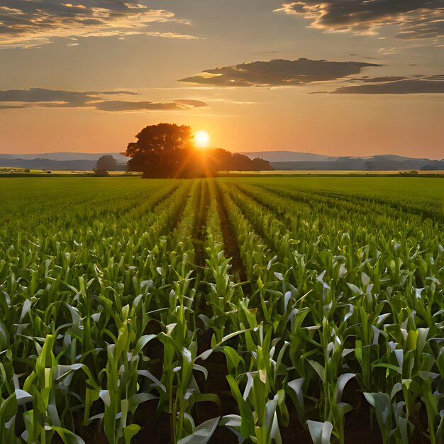 a corn field with a tree in the background and the sun behind it