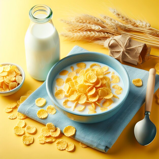 Corn flakes in a blue bowl and milk bottle on yellow background