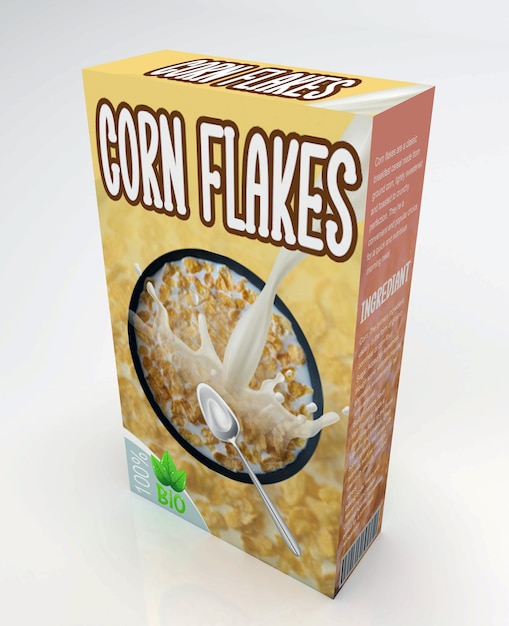 Foto concepto di imballaggio per fiocchi di mais carta di cereali imballaggio isolato su un'illustrazione bianca 3d