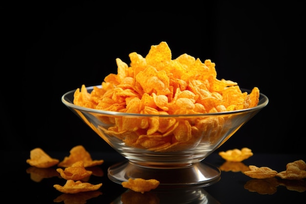 Corn flakes in a transparent plate on a dark background