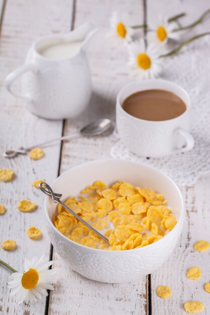 Corn flakes with milk. Healthy Breakfast.