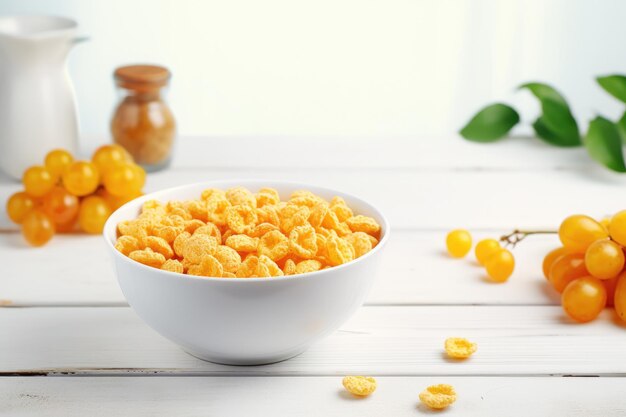 Corn flakes with milk or yogurt in bowl with fruits morning food generative ai