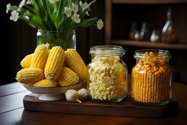 Corn and garlic in glass bowls on a wooden table