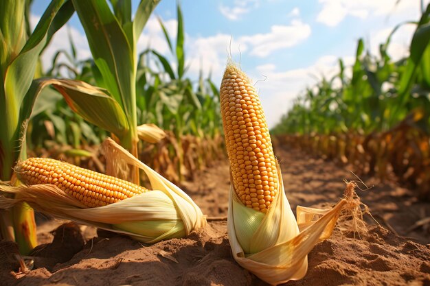 corn growing in a field with a pair of ears that say corn