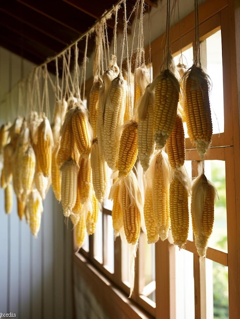 Photo corn hanging from a window with the corn hanging from the ceiling