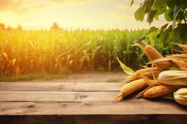 Corn Harvest Empty Wooden Table in Natural Surroundings Generative Ai