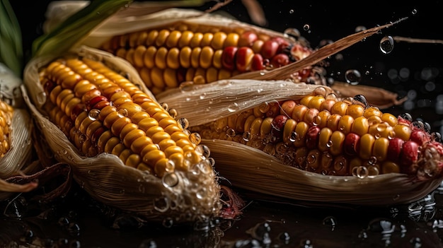 Corn hit by splashes of water with black background and blur