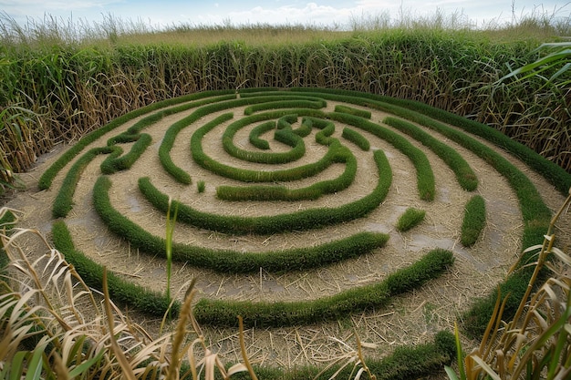 A corn maze with tall stalks creating a labyrinth