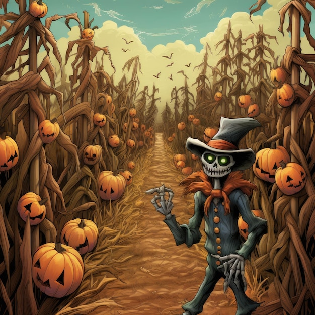 A corn maze with towering stalks and hidden scarecrows
