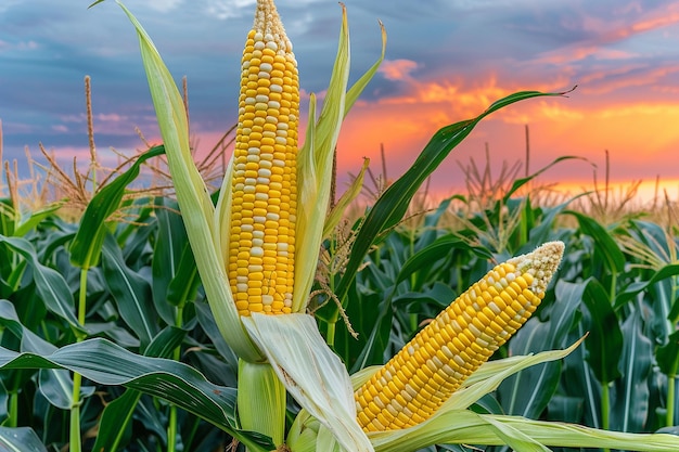 Corn plants against a sunset