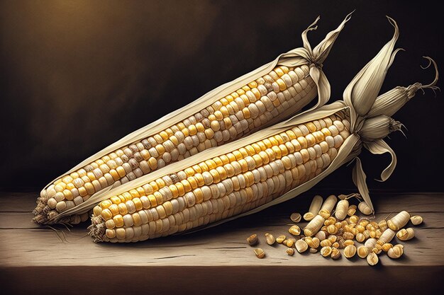 Corn on rustic wooden table