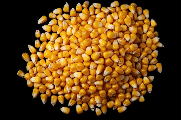 Corn seeds kernels pile isolated on black background top view