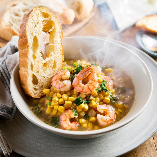Corn and shrimp chowder with a freshly baked baguette