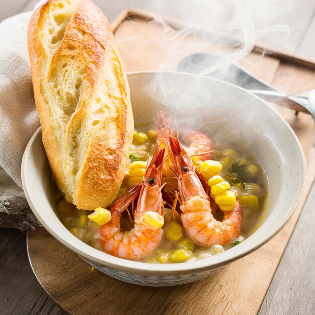 Corn and shrimp chowder with a freshly baked baguette