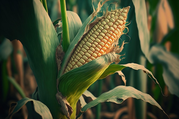 Corn on a stalk in a cornfield close up