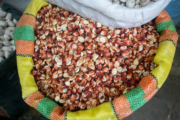 Corn at a stall in the central fruit and vegetable market in Cusco Peru