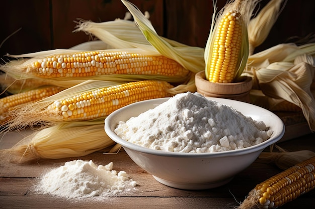 Photo corn starch in bowl with with ripe cobs on table