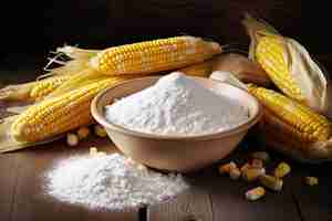 Photo corn starch in bowl with with ripe cobs on table