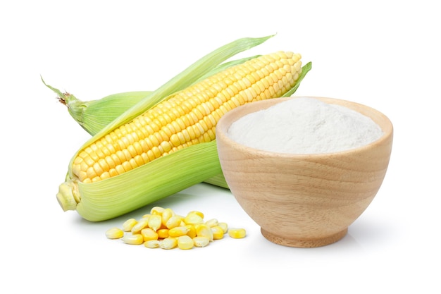 Corn starch in wooden bowl and fresh sweet corn isolated on white background