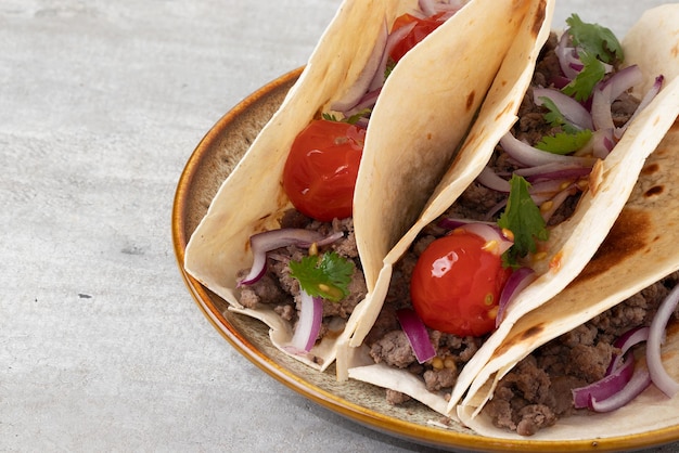 Corn tortilla stuffed with tomato onion minced meat and cilantro