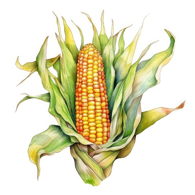 Corn in watercolor style with ink outline on white background generative AI