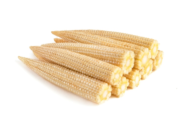 Corn on a white background. Baby corn isolated on white homogeneous background, clipping path, full depth of field.