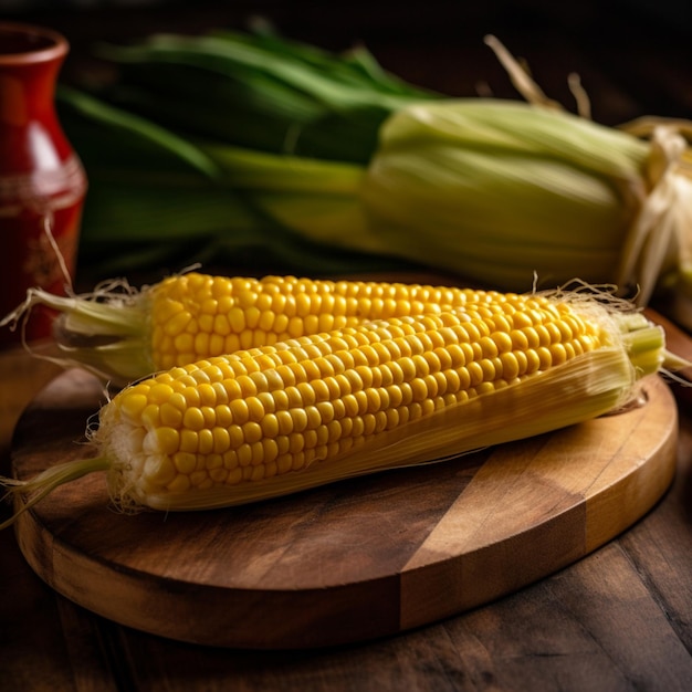 Corn on a wooden board next to a red vase.