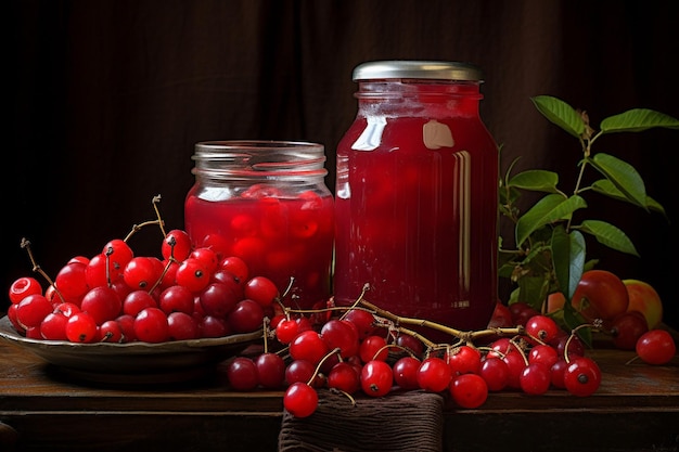 Photo cornels in a cup with a jar of juice