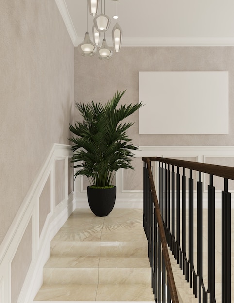 Photo corner area of residential interior design with planter and mock up poster