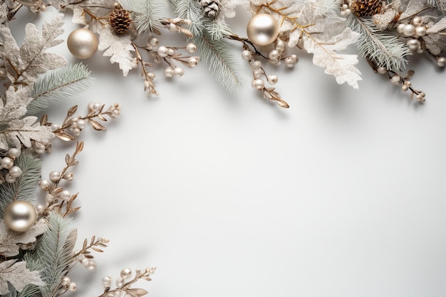 Corner of christmas tree branches with decorations on grey background