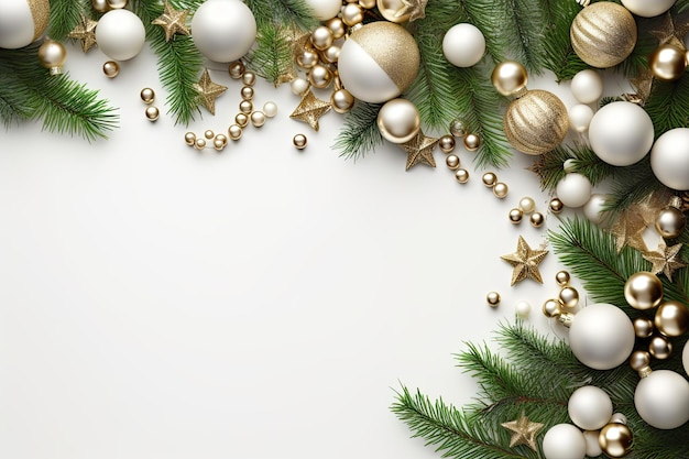 Corner of christmas tree branches with decorations on white background