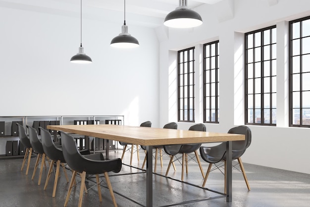 Corner of a conference room with many windows, a blank white wall, a long table with chairs around it. 3d rendering, mock up