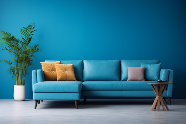 Corner fabric sofa near vibrant wall