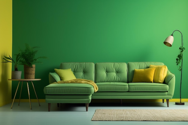 Corner fabric sofa near vibrant wall