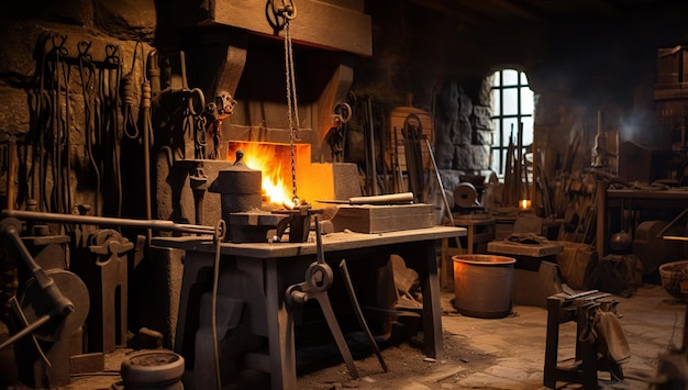 A corner of the forge with wrought items a central forge furnace tools hung on the wall and natural light from a window