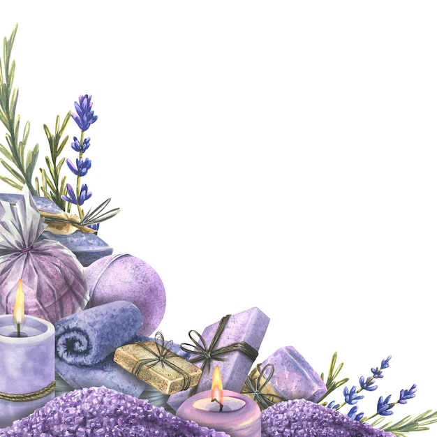 Corner frame of bathroom items soap bombs towels candles flowers Watercolor illustration from a large set of LAVENDER SPA For the design and decoration of booklets advertisements poster