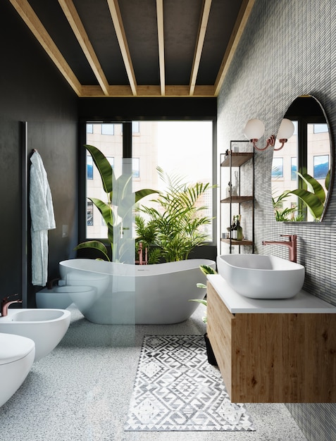 Photo corner of hotel bathroom with grey tiled walls, round mirror, white bath and large window. 3d rendering