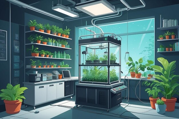 マイクログラビティの植物の成長ベクトルへの影響を研究するための専用エリアを備えた実験室のコーナー (フラットスタイルのイラスト)