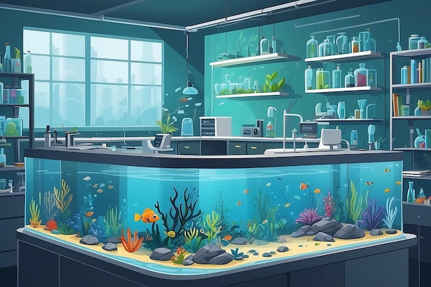 a corner of the lab with a dedicated area for studying the impact of pollution on aquatic life vector illustration in flat style
