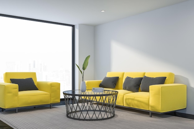 Corner of loft living room with white walls, dark wooden floor, yellow sofa and armchair standing near round coffee table on white carpet. 3d rendering