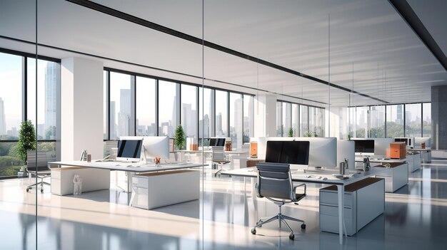 Уголок современного офиса открытого пространства в индустриальном стиле с белыми стенами, бетонным полом, рядами компьютерных столов и панорамными окнами с размытым городским 3D-рендерингом