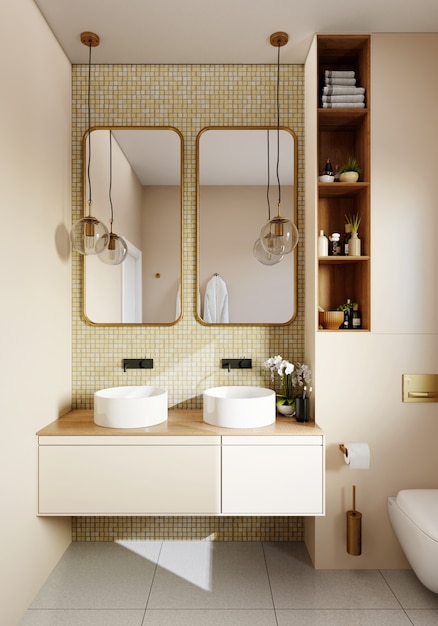 Уголок ванной комнаты с белой и золотой плиткой, двумя зеркалами и круглыми светильниками. 3d-рендеринг