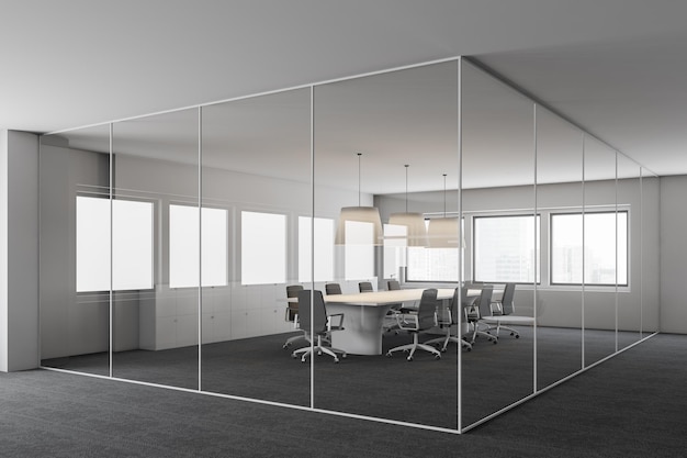 Corner of office meeting room with white and glass walls, carpeted floor, long table with gray chairs and row of lockers near the wall. 3d rendering