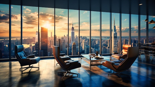 Photo corner office with floortoceiling windows and a cityscape view