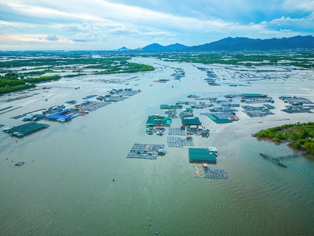 A corner of the oyster feeding farm float fishing village in Long Son commune Ba Ria Vung Tau province Vietnam People living and doing feed fish industry at floating village