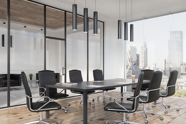 Corner of a panoramic meeting room interior with a long table, black office chairs standing near it and a glass wall. 3d rendering mock up