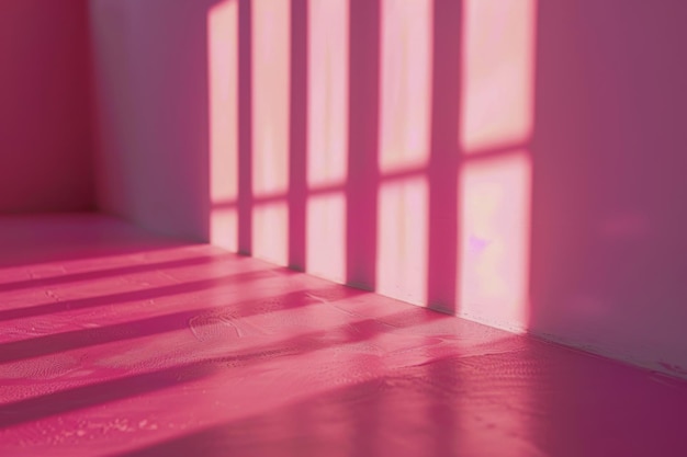 부드러운 분홍색 빛으로 조명된 방의 모이는 조용한 숙고를 불러일으키는 창문 창문을 통해 기하학적 그림자를 던집니다.
