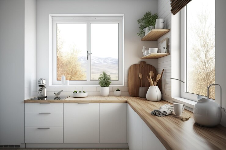 Photo corner sink in a white kitchen with a little window hardwood surfaces close up a mockup